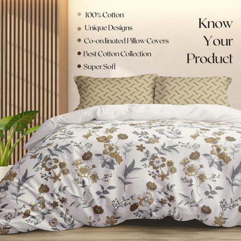 Florida My Day 100% Pure Cotton 180 TC Double Bedsheet Set with Coordinated Pillow Covers